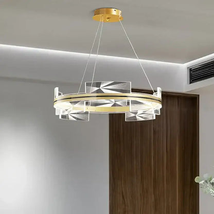 Modern gold led pendant lights crystal chandelier with circular gold metal frame and clear geometric acrylic panels