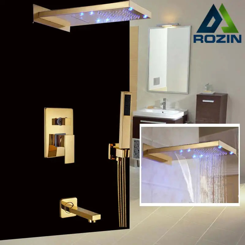 Modern gold led rain shower faucet with decorbites golden finish rectangular head and integrated blue led lighting