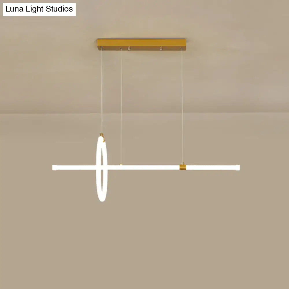 Modern minimalist DecorBites gold LED dining room lamp with sleek gold mount, white LED bar, and circular ring fixture
