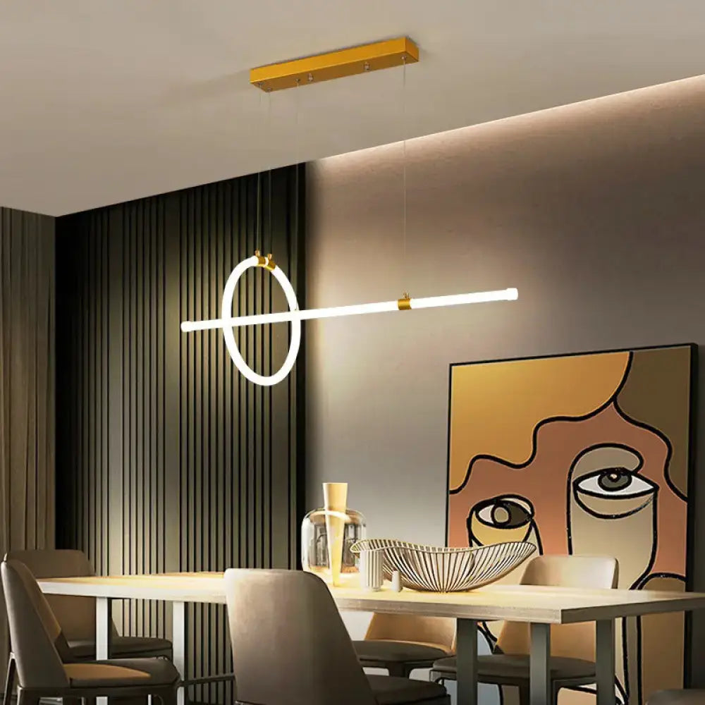 DecorBites gold LED hanging lamp with a white circular ring and gold accents for modern dining room lighting