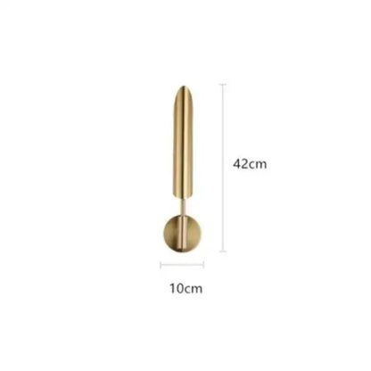 A sleek brass wall lamp 42cm tall with cylindrical stem and circular base modern gold led single head decorbites gold led