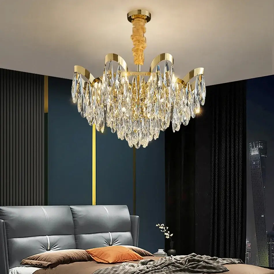 Modern gold led sunflower crystal ceiling chandelier with gold-toned polished brass and cascading crystal droplets for dining room decorbites led sunflower