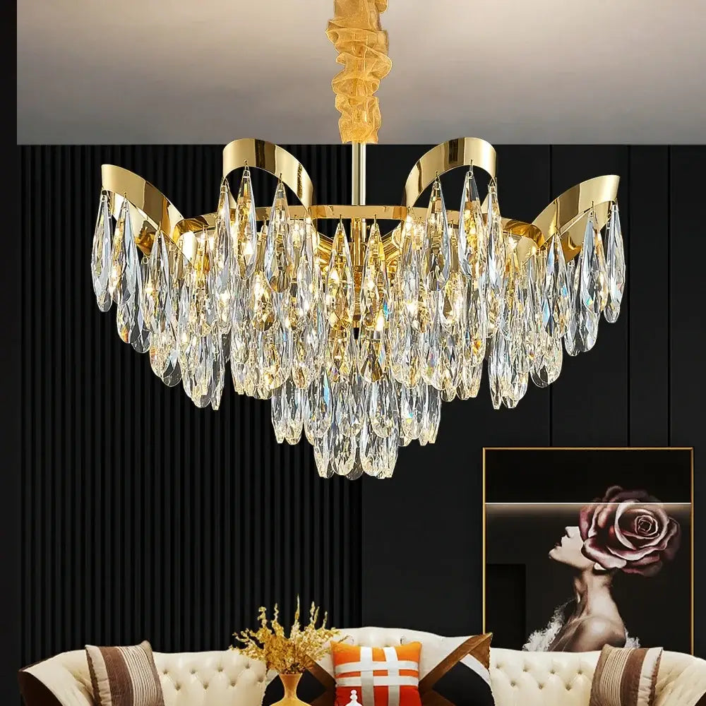 Modern gold led sunflower crystal ceiling chandelier with gold-toned frame and cascading crystal teardrop pendants for dining room decorbites led sunflower