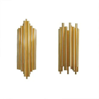 Modern gold led wall lamp with vertical brass rods in a radiating design for living room decorbites gold led sconce