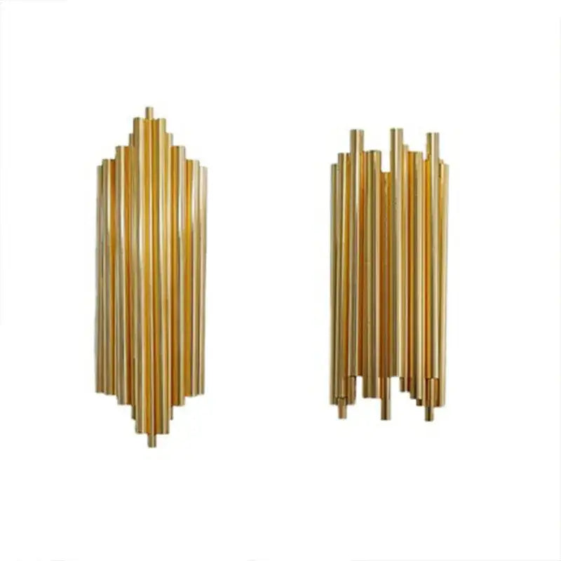 Modern gold led wall lamp with vertical brass rods in a radiating design for living room decorbites gold led sconce