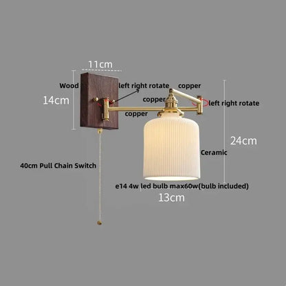 Modern gold led wall light with dark wood base, rotating brass copper arms, and off-white ribbed ceramic shade for bedroom reading
