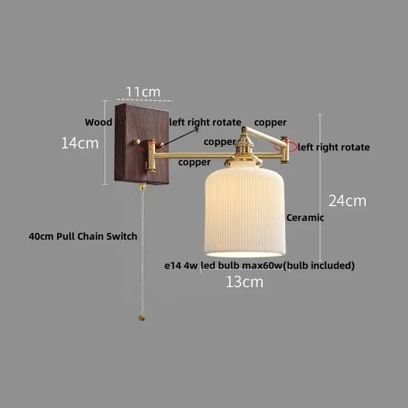 Modern gold led wall light with dark wood base, rotating brass copper arms, and off-white ribbed ceramic shade for bedroom reading
