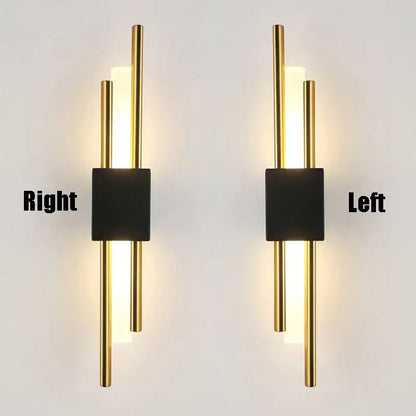 Modern gold led wall sconce with black rectangular accents and vertical illuminated bars for bedroom ambient lighting decorbites led wall