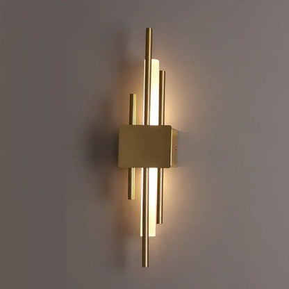 Modern gold led wall sconce with vertical rods and central rectangular light panel for bedroom decorbites led wall lighting