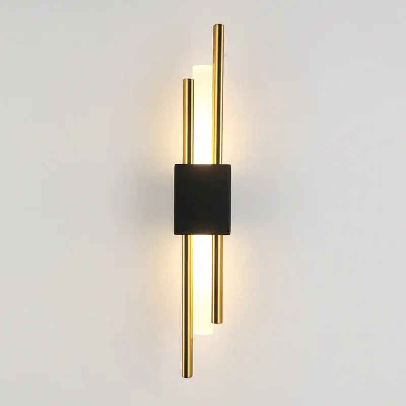 Modern gold led wall sconce with vertical illuminated rods and central black square accent for stylish decorbites led wall lighting