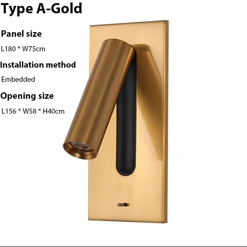 Modern gold led wall sconce with usb charging featuring a gold finish cylindrical head and black accent panel for reading light