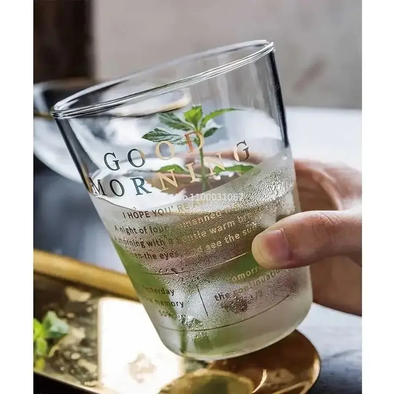Modern gold letter clear glass breakfast cup with good morning print and mint sprig decorbites glass breakfast use