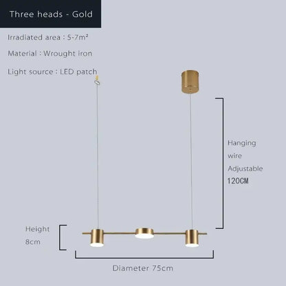 Modern gold linear dimmable led ceiling chandelier with three-head wrought iron pendant light for dining room decorbites dimmable led
