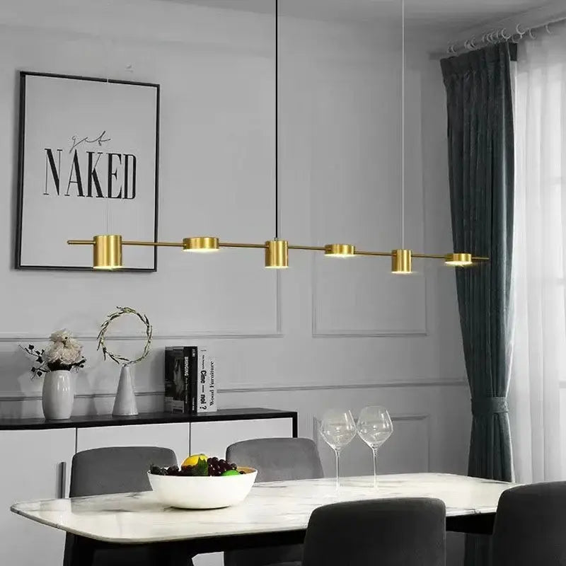 Modern gold linear dimmable led ceiling chandelier with five cylindrical bulbs for dining room decorbites dimmable led lighting