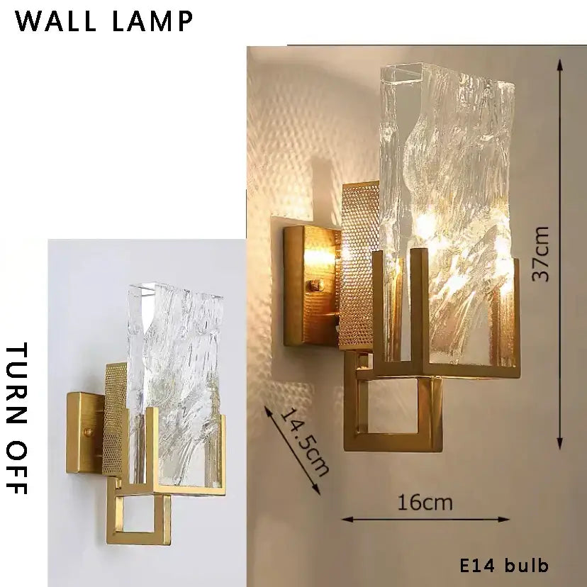 Modern gold linear glass led chandelier with textured clear organic crackled glass panel for kitchen island lighting