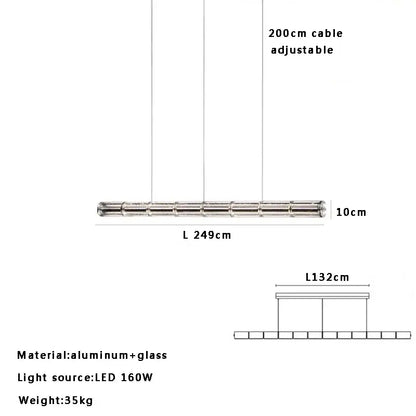 Modern gold linear glass led chandelier with long silver aluminum frame and sleek segmented design for kitchen island