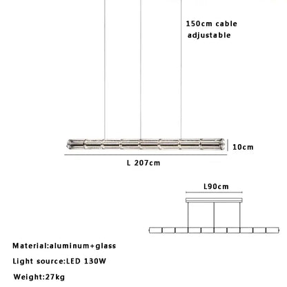 Long silver aluminum and glass led chandelier with 130w bulb designed for modern kitchen island lighting