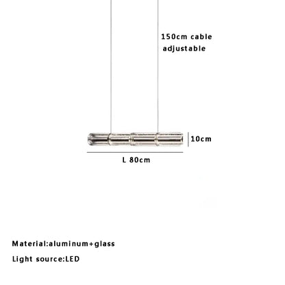Modern gold linear glass led chandelier with sleek aluminum and glass design featuring three cylindrical segments for kitchen island