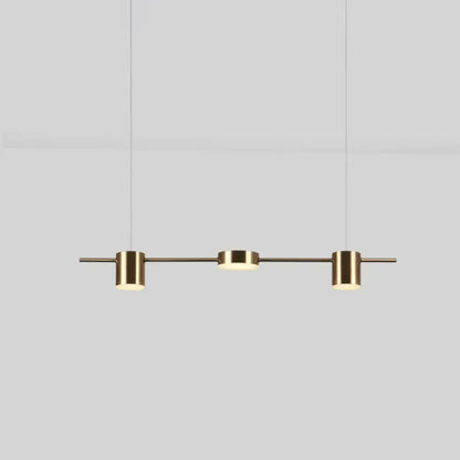 Modern gold linear shaped led pendant light with three brass cylindrical fixtures for dining room use