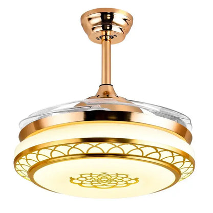 Modern gold living room fan light with fan light and integrated clear glass cover featuring floral decorbites living room panels