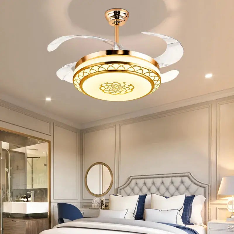 Modern gold living room fan light with integrated lighting and translucent white blades for decorbites living room electric use