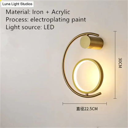 Modern gold luxury creative led bedside wall lamp with c-shaped iron-acrylic design and circular led light source