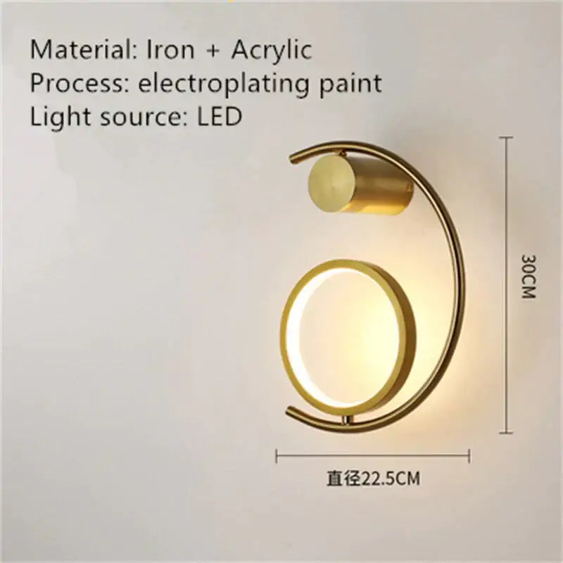 Modern gold luxury creative led bedside wall lamp with crescent iron frame and acrylic circular light source
