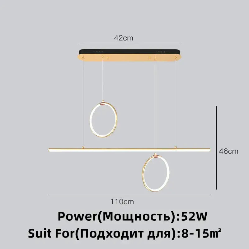 Modern gold luxury ring pendant chandelier with two circular rings and horizontal bar for dining room decorbites gold luxury