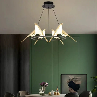 Modern gold magpie bird ceiling chandelier with gold-toned illuminated wings for stylish living room decorbites gold magpie