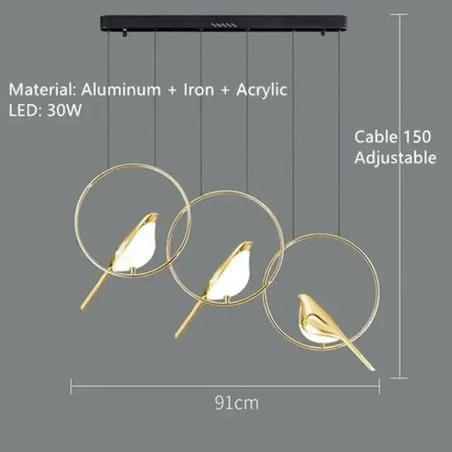 Modern gold magpie bird led chandelier with three circular frames and led lighting for dining room decorbites gold magpie