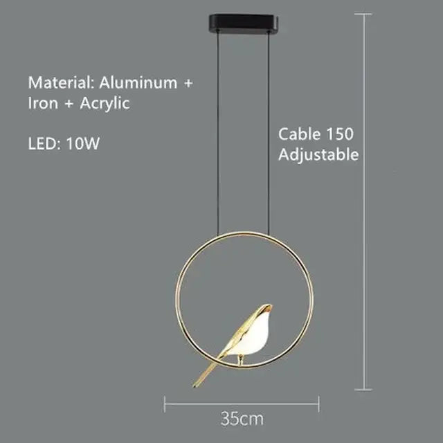 Modern gold magpie bird led chandelier dining room pendant light with circular aluminum iron frame and acrylic accents