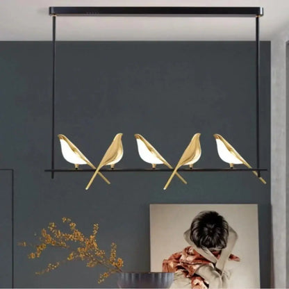 Modern gold magpie bird led ring chandelier with five black and gold magpie bird fixtures for dining room decorbites decor