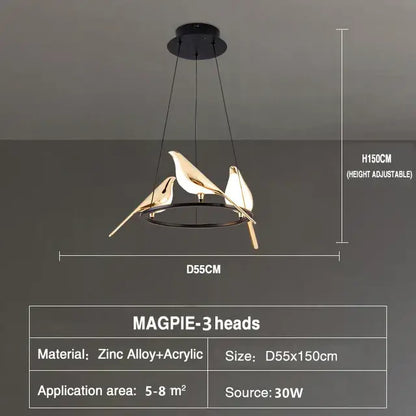 Modern gold magpie bird led ring chandelier with three black and gold zinc alloy birds on acrylic base for dining room decorbites gold magpie