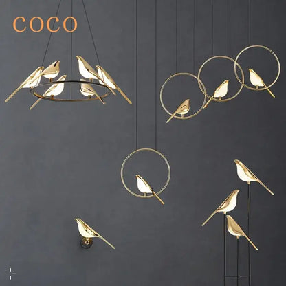 Modern gold magpie bird led ring chandelier featuring gold-toned minimalist bird-shaped pendant lights for dining room decorbites gold magpie