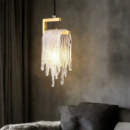 A modern gold pendant light with melting ice crystal led glass strands for elegant bedroom decorbites crystal led decor