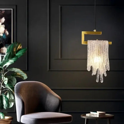 Modern gold melting ice crystal led pendant light with a rectangular frame and cascading glass strands for bedroom decorbites crystal led decor