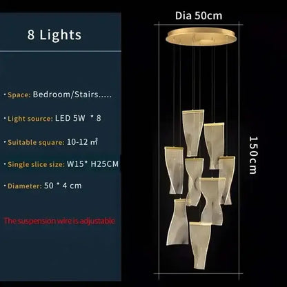 Modern gold mesh duplex building chandelier with eight led lights and cascading translucent fabric shades for living rooms