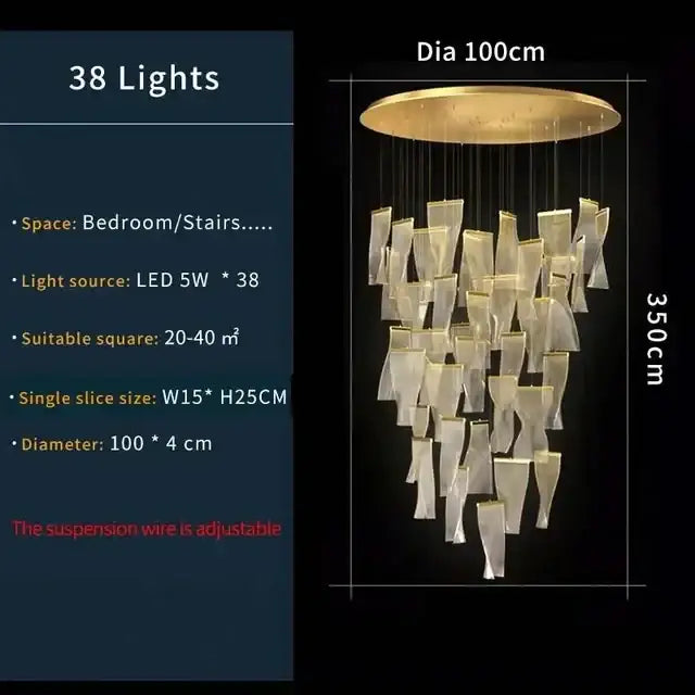 Modern gold mesh duplex building chandelier with 38 led lights and translucent glass pendants on brass base for living room