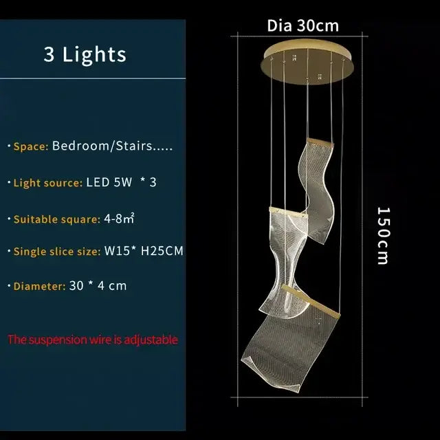 Modern gold mesh duplex building chandelier with three cascading translucent shades suspended from circular mount