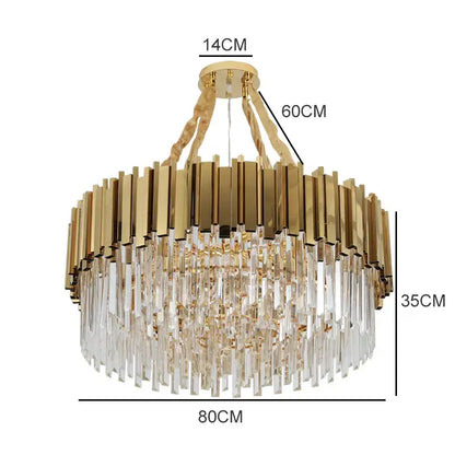 Modern gold metal crystal chandelier with tiered design featuring vertical brass bars for dining room decorbites gold metal