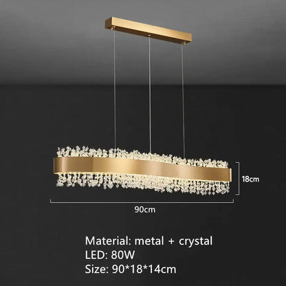 Modern gold metal led chandelier with rectangular frame and cascading crystal droplets for dining room decorbites gold metal