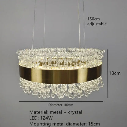 Modern gold metal led chandelier with gold-toned circular frame and cascading clear crystal droplets for dining room decorbites gold metal