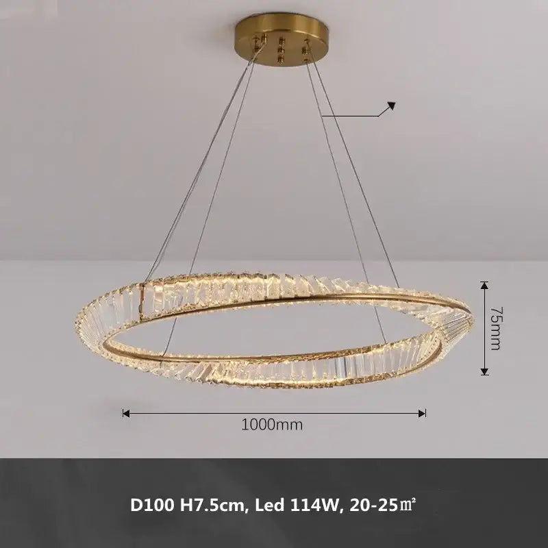A modern gold metal led crystal ceiling light with double-ring design and clear crystal accents for living room decorbites gold metal