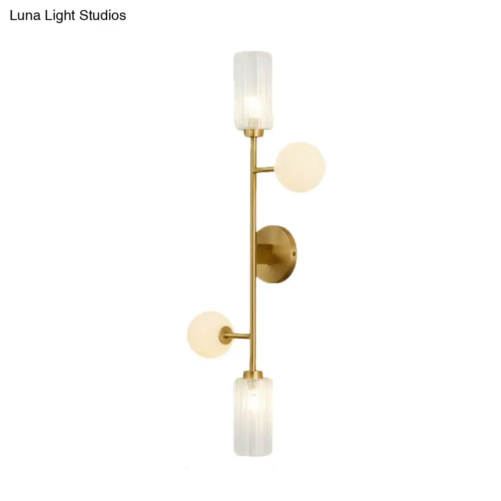 Modern gold metal pencil arm wall lamp with frosted glass cylindrical and spherical shades for bedroom lighting