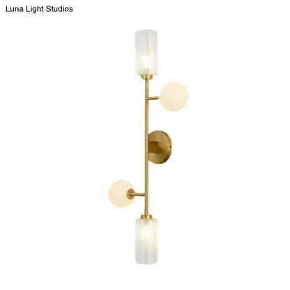 Modern gold metal pencil arm wall lamp with frosted glass cylindrical and spherical shades for bedroom lighting