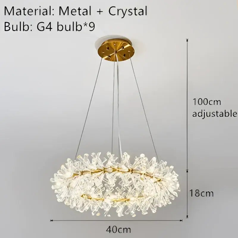 Elegant gold metal wire chandelier featuring a circular design with clear crystals and nine g4 bulbs for dining rooms