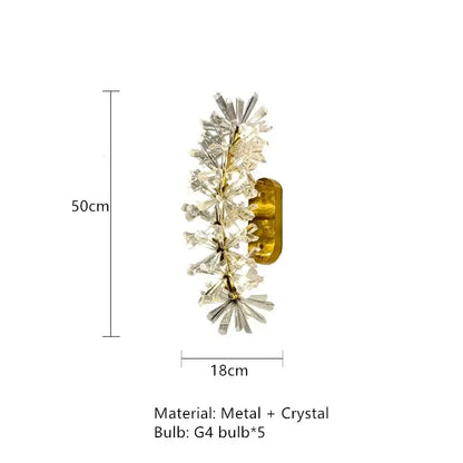 Modern gold metal wire wall light fixture with gold metal base and floral clear crystal design for dining room lighting