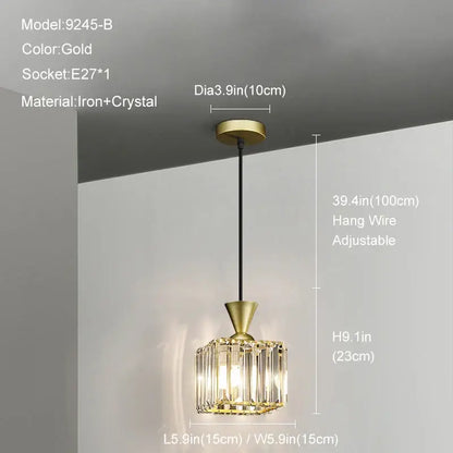 Modern gold mini crystal pendant light with faceted crystal glass shade iron frame and adjustable black hanging wire