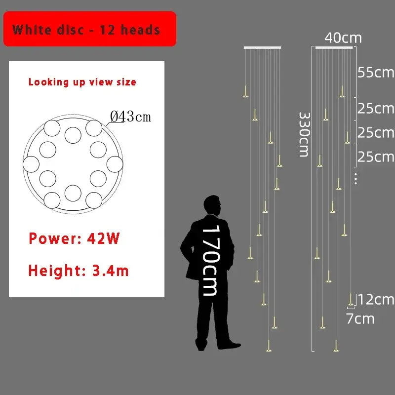 Modern gold minimalist ceiling chandelier with 12 white disc heads nordic minimalist ceiling light 43cm diameter 3.4m tall 42w power
