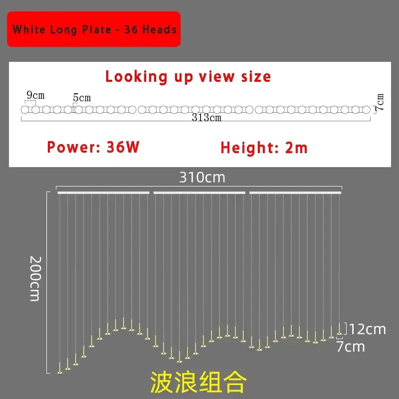 Modern gold minimalist ceiling chandelier with 36 white heads wave design measuring 2 meters nordic minimalist ceiling light
